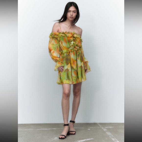 NWT Zara Printed Tulle Dress Green & Yellow - Picture 6 of 11